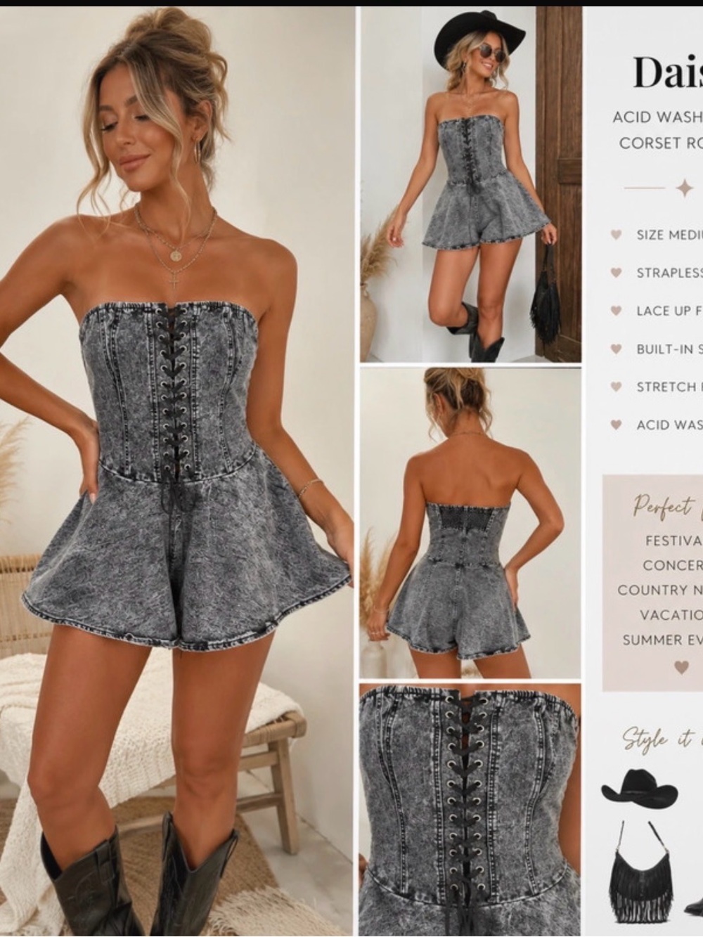 Daisy Black Acid Wash Strapless Corset Romper